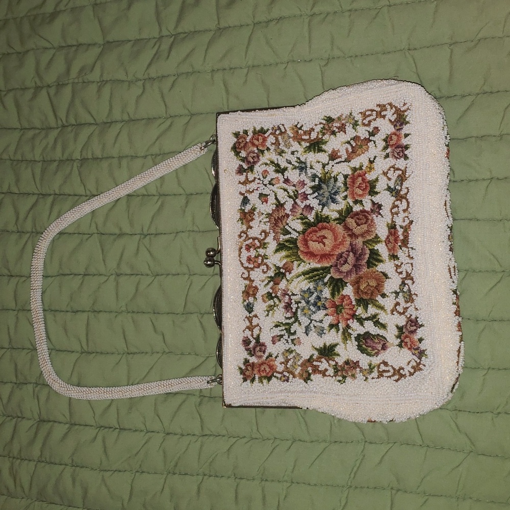 Antique Victorian French hand made embroidery beads evening purse